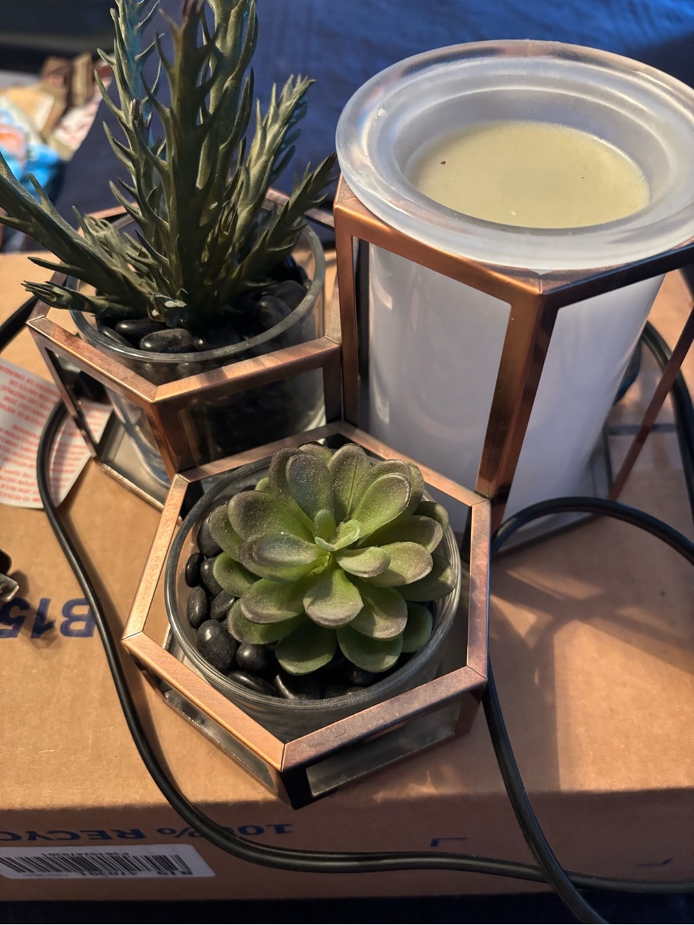 Scentsy Copper-Tone Hexagon Faux Succulent Set with Black Pebbles